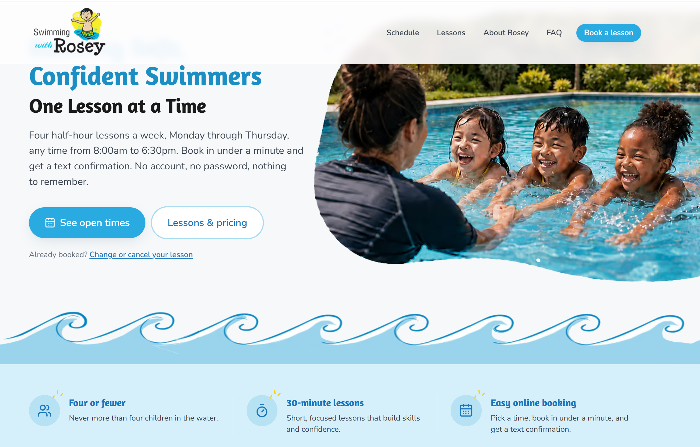 The Swimming with Rosey site, with the headline &ldquo;Confident Swimmers, One Lesson at a Time&rdquo; and a booking call to action