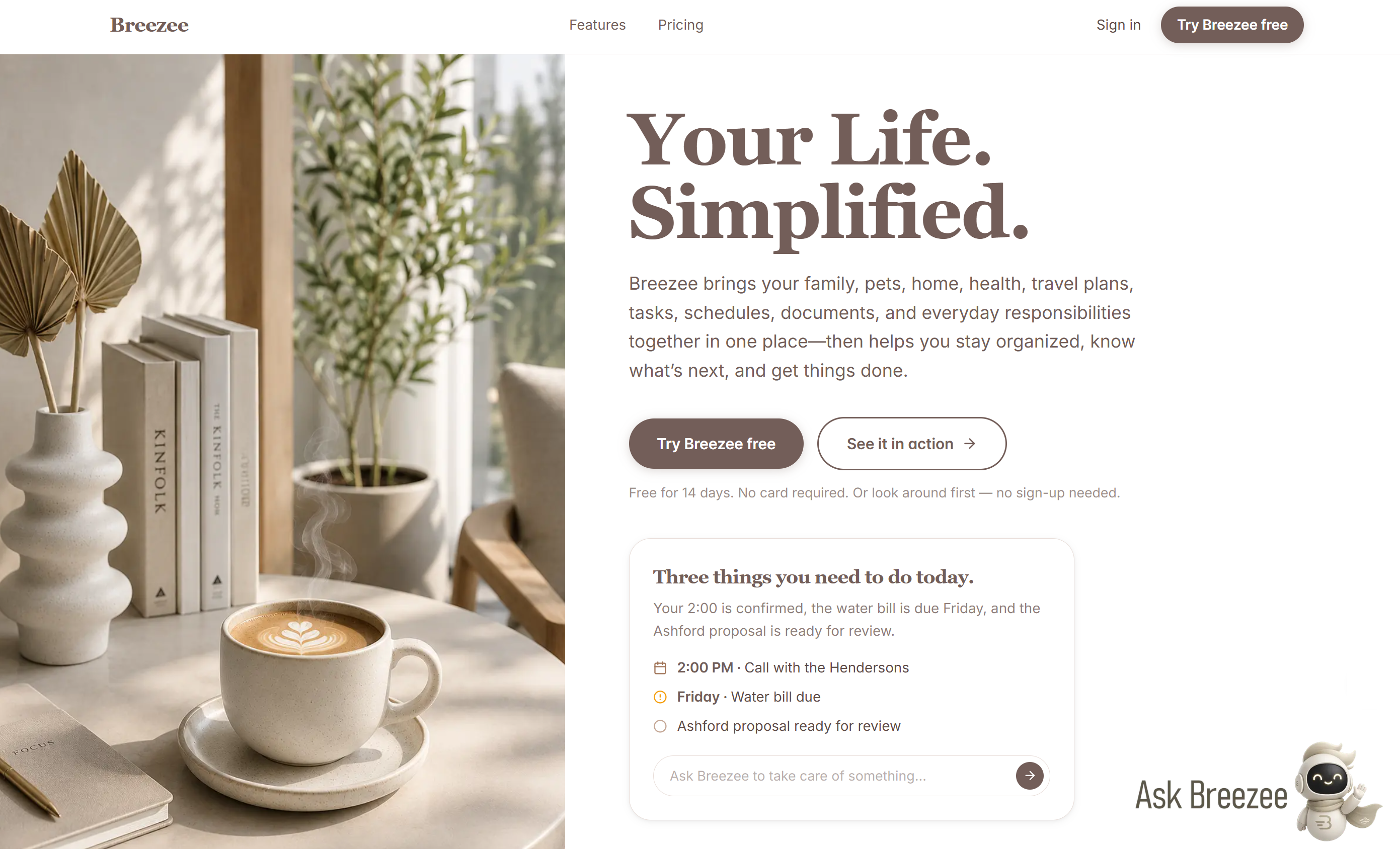 The Breezee landing page, showing the headline &ldquo;Your Life. Simplified.&rdquo; beside a daily summary card